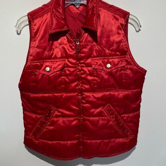 Vintage Tommy Jeans Women's Red Satin Collared Full Zip Puffer Vest Medium - Picture 1 of 11